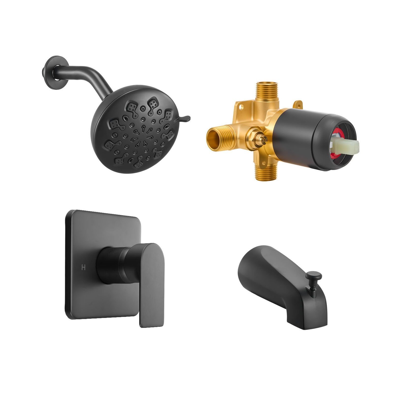 tub and shower faucet set, 5 inch rainfall shower head and bathtub spout, complete single handle tub trim kit with brass pressure balancing valve, 8 setting adjustable spray modes, matte black