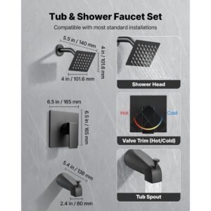 tub and shower faucet set, complete with 4 inch rainfall shower head and bathtub spout, single spray single handle tub trim kit with 304 stainless steel valve trim for bathrooms, matte black