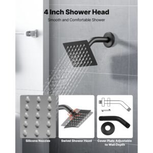 tub and shower faucet set, complete with 4 inch rainfall shower head and bathtub spout, single spray single handle tub trim kit with 304 stainless steel valve trim for bathrooms, matte black