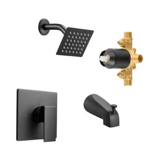 Tub and Shower Faucet Set, Complete with 4-Inch Rainfall Shower Head and Bathtub Spout, Single-Spray Single-Handle Tub Trim Kit with 304 Stainless Steel Valve Trim for Bathrooms, Matte Black