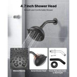 tub and shower faucet set, complete with 4.7 inch rainfall shower head and bathtub spout, 9 setting adjustable spray, single handle tub trim kit with brass pressure balancing valve, matte black