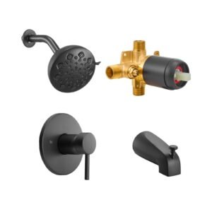 Tub and Shower Faucet Set, Complete with 4.7-Inch Rainfall Shower Head and Bathtub Spout, 9-Setting Adjustable Spray, Single-Handle Tub Trim Kit with Brass Pressure Balancing Valve, Matte Black