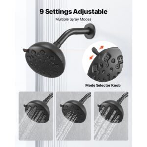 tub and shower faucet set, complete with 4.7 inch rainfall shower head and bathtub spout, 9 setting adjustable spray, single handle tub trim kit with brass pressure balancing valve, matte black