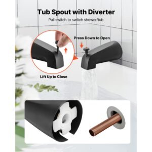 tub and shower faucet set, complete with 4.7 inch rainfall shower head and bathtub spout, 9 setting adjustable spray, single handle tub trim kit with brass pressure balancing valve, matte black