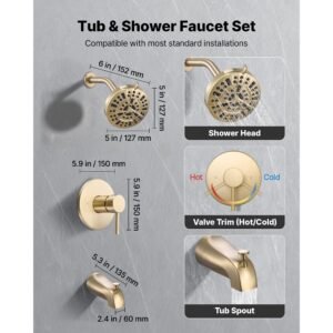 tub and shower faucet set, complete with 5 inch rainfall shower head and bathtub spout, 8 setting adjustable spray, single handle tub trim kit with brass pressure balancing valve, gold finish