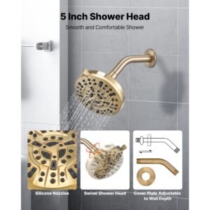 tub and shower faucet set, complete with 5 inch rainfall shower head and bathtub spout, 8 setting adjustable spray, single handle tub trim kit with brass pressure balancing valve, gold finish