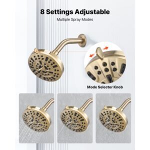 tub and shower faucet set, complete with 5 inch rainfall shower head and bathtub spout, 8 setting adjustable spray, single handle tub trim kit with brass pressure balancing valve, gold finish