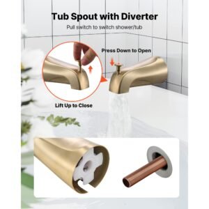 tub and shower faucet set, complete with 5 inch rainfall shower head and bathtub spout, 8 setting adjustable spray, single handle tub trim kit with brass pressure balancing valve, gold finish