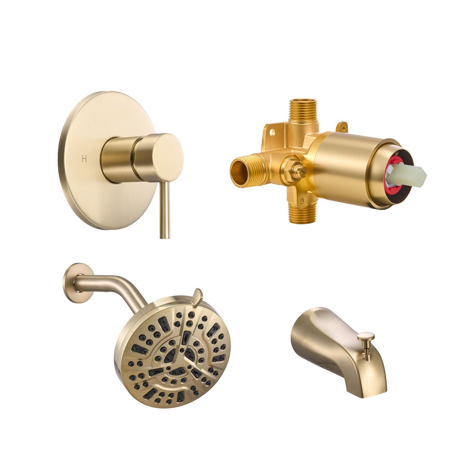 tub and shower faucet set, complete with 5 inch rainfall shower head and bathtub spout, 8 setting adjustable spray, single handle tub trim kit with brass pressure balancing valve, gold finish