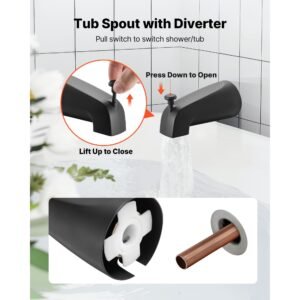 tub and shower faucet set, complete with 5 inch rainfall shower head and bathtub spout, 8 setting adjustable spray, single handle tub trim kit with brass pressure balancing valve, matte black