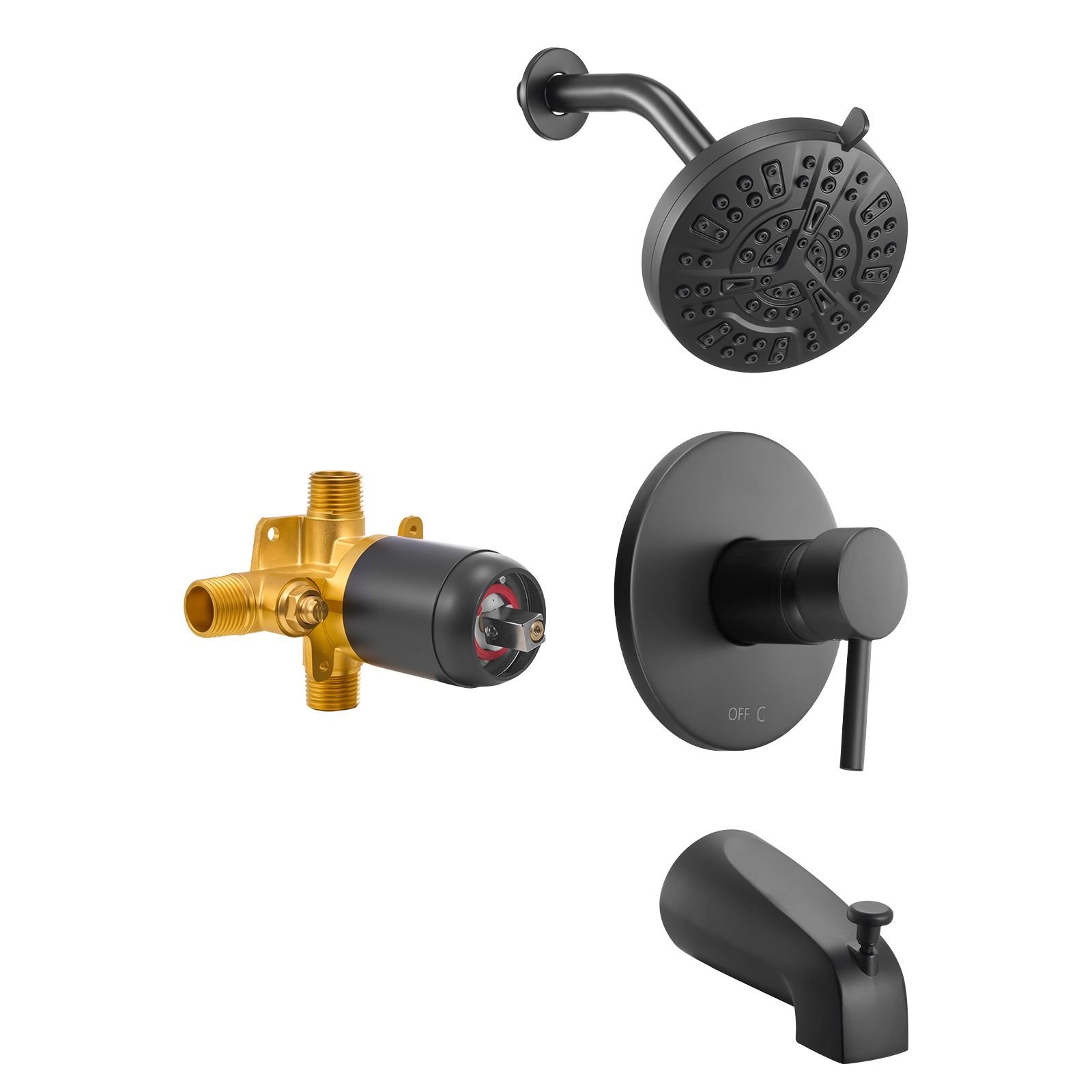 tub and shower faucet set, complete with 5 inch rainfall shower head and bathtub spout, 8 setting adjustable spray, single handle tub trim kit with brass pressure balancing valve, matte black