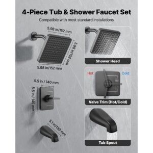 tub and shower faucet set, complete with 6 inch rainfall shower head and bathtub spout, single spray single handle tub trim kit with 304 stainless steel valve trim for bathrooms, matte black