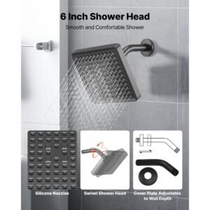 tub and shower faucet set, complete with 6 inch rainfall shower head and bathtub spout, single spray single handle tub trim kit with 304 stainless steel valve trim for bathrooms, matte black