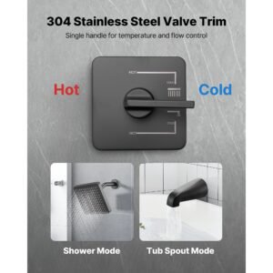 tub and shower faucet set, complete with 6 inch rainfall shower head and bathtub spout, single spray single handle tub trim kit with 304 stainless steel valve trim for bathrooms, matte black