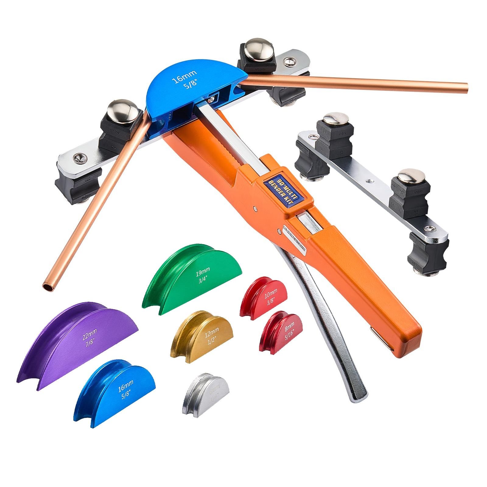 tubing bender kit, 1/4 to 7/8 inch, compact ratcheting tube pipe bender, ratchet hand bending tool, with 7 color aluminium alloy dies, hvac tools, for copper hvac air conditioning refrigeration
