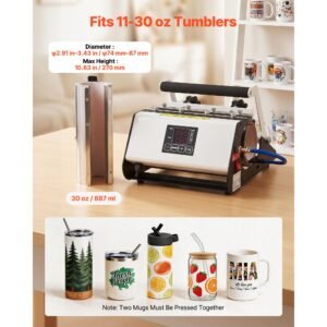 tumbler heat press machine, 11 30 oz mug press, fast and even heating, with tape and gloves, easy temp and time setting, heat transfer for sublimation tumblers, cups, mugs, black and white