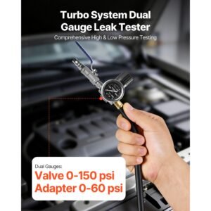 turbo boost leak tester kit, compatible with 3"/3.5"/4" pipe, 0 150 psi valve gauge & 0 60 psi adapter gauge, turbo system leakage tester set with 4 pairs of air fittings for diesel trucks, suvs