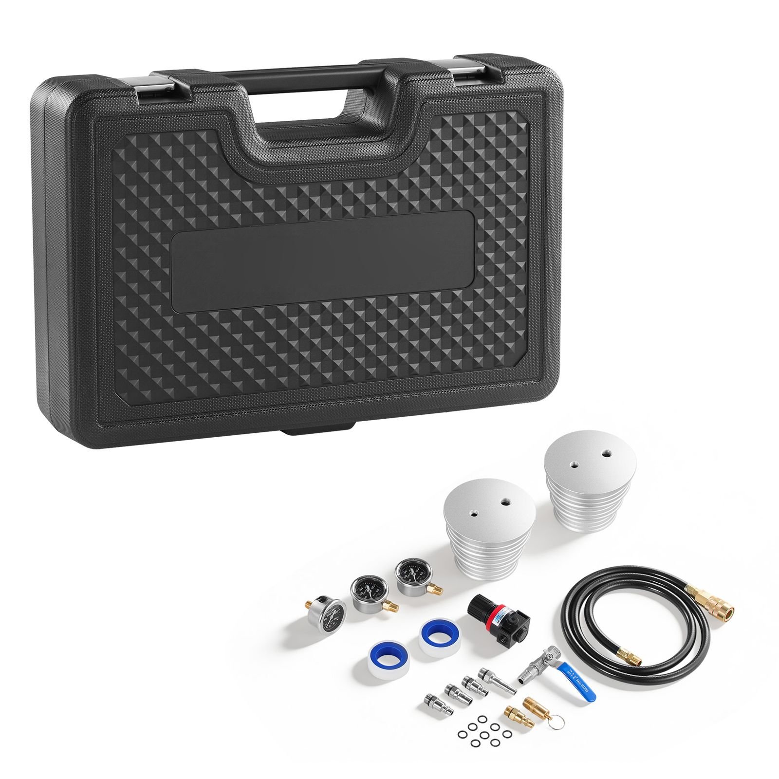turbo boost leak tester kit, compatible with 3"/3.5"/4" pipe, 0 150 psi valve gauge & 0 60 psi adapter gauge, turbo system leakage tester set with 4 pairs of air fittings for diesel trucks, suvs