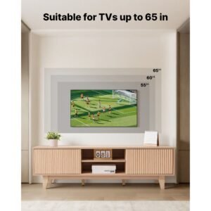 tv stand, boho entertainment center for tvs up to 59 in, 350 lbs load capacity, tv media console table with adjustable open storage shelves & sliding door for living room, bedroom, burlywood
