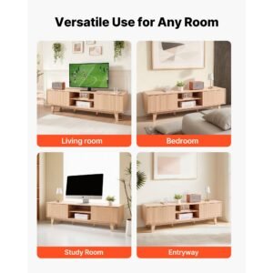 tv stand, boho entertainment center for tvs up to 59 in, 350 lbs load capacity, tv media console table with adjustable open storage shelves & sliding door for living room, bedroom, burlywood