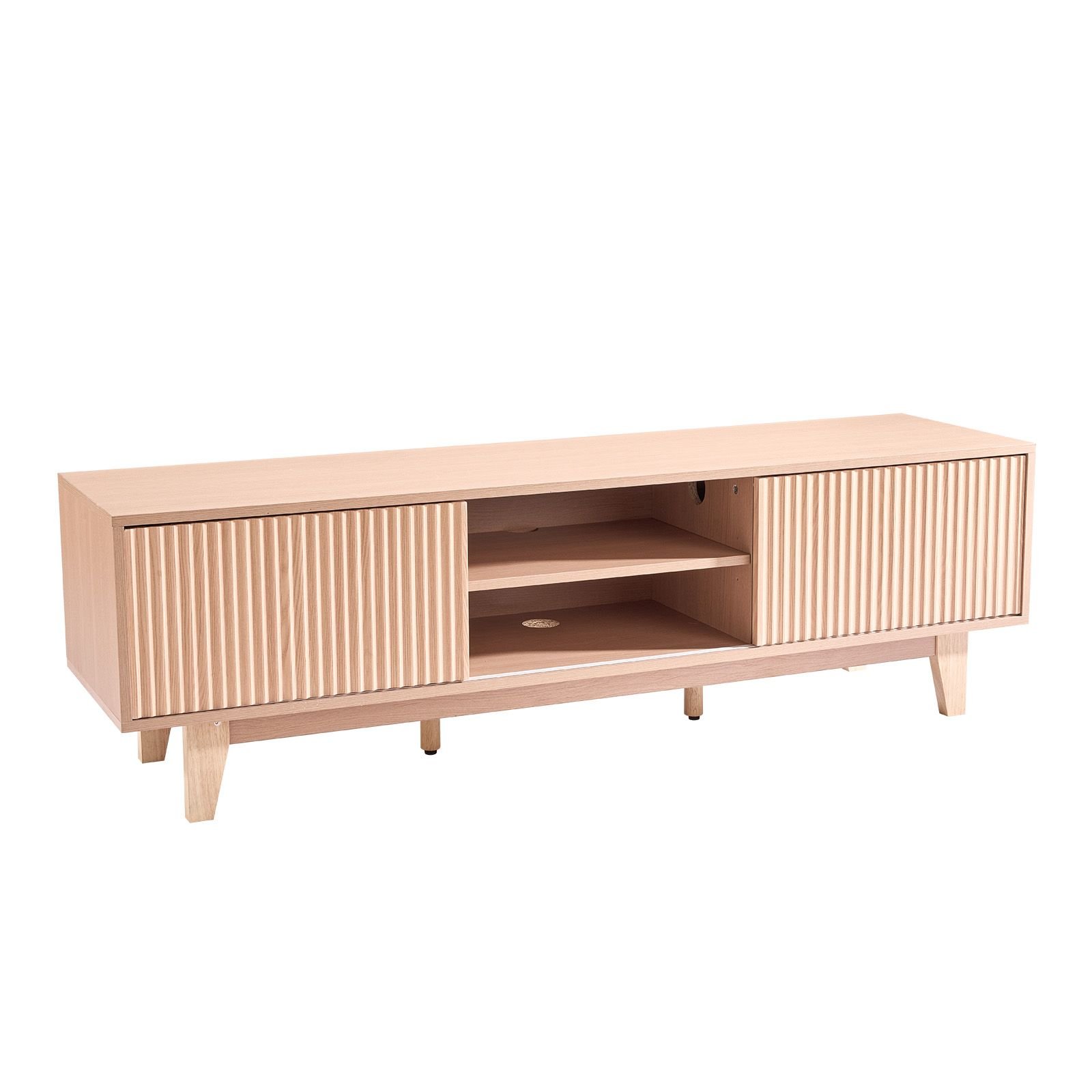 tv stand, boho entertainment center for tvs up to 59 in, 350 lbs load capacity, tv media console table with adjustable open storage shelves & sliding door for living room, bedroom, burlywood