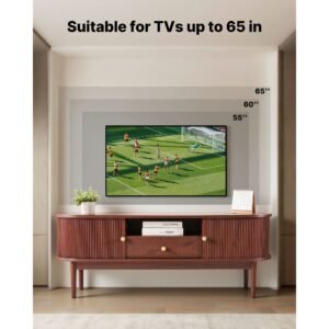 tv stand, mid century modern entertainment center for tvs up to 58 in, 350 lbs load capacity, tv media console table with drawer, open storage shelves & rolling door for living room, bedroom