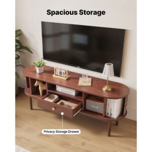tv stand, mid century modern entertainment center for tvs up to 58 in, 350 lbs load capacity, tv media console table with drawer, open storage shelves & rolling door for living room, bedroom