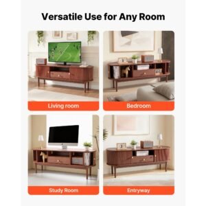 tv stand, mid century modern entertainment center for tvs up to 58 in, 350 lbs load capacity, tv media console table with drawer, open storage shelves & rolling door for living room, bedroom