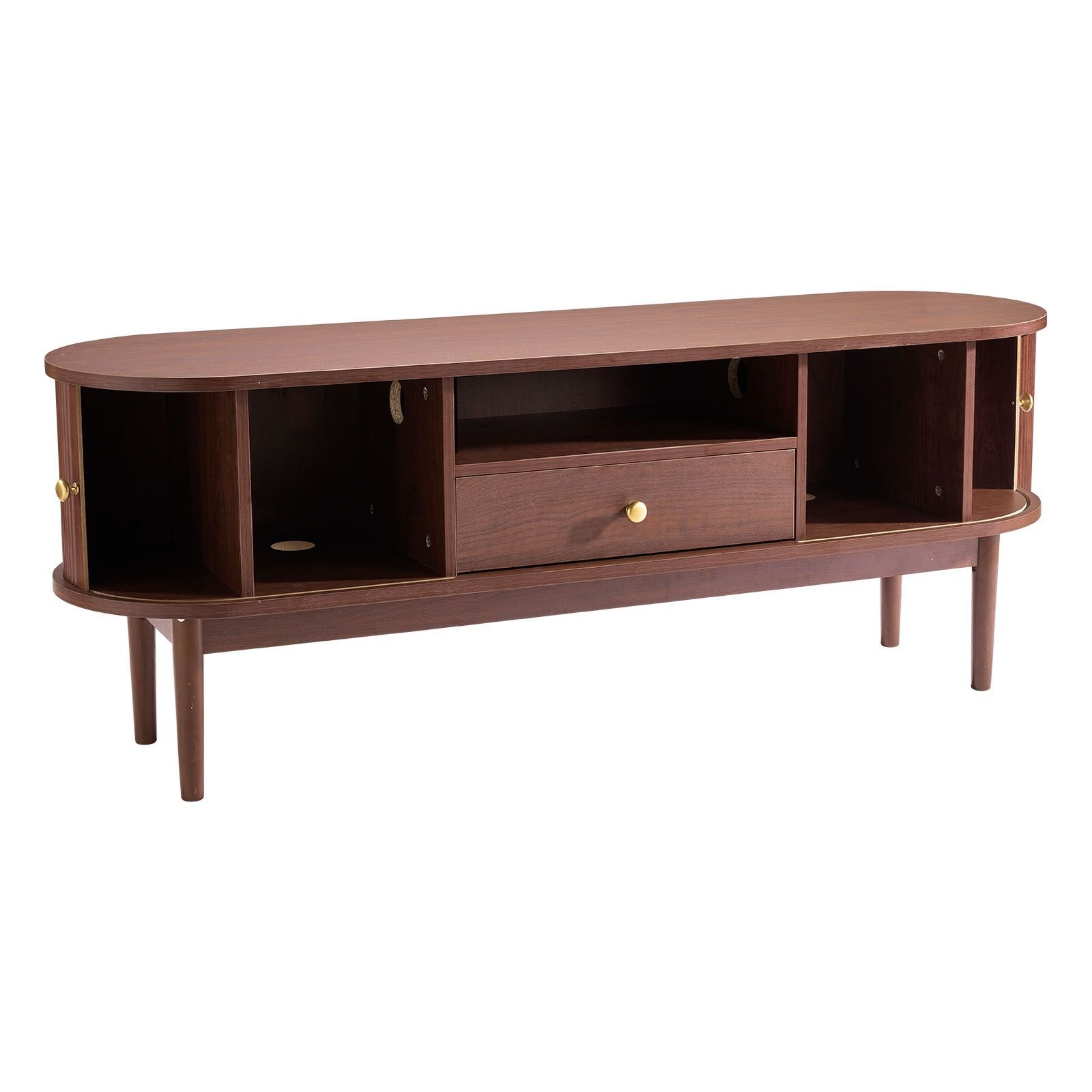 tv stand, mid century modern entertainment center for tvs up to 58 in, 350 lbs load capacity, tv media console table with drawer, open storage shelves & rolling door for living room, bedroom