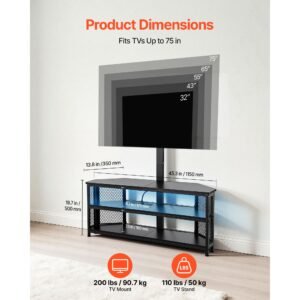 tv stand with mount, 45.3 inch, corner tv stand console with power outlet, for 32 75 inch tvs, height adjustable swivel entertainment center with storage & led lights, for living room, black