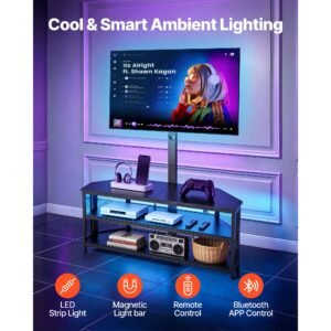tv stand with mount, 45.3 inch, corner tv stand console with power outlet, for 32 75 inch tvs, height adjustable swivel entertainment center with storage & led lights, for living room, black