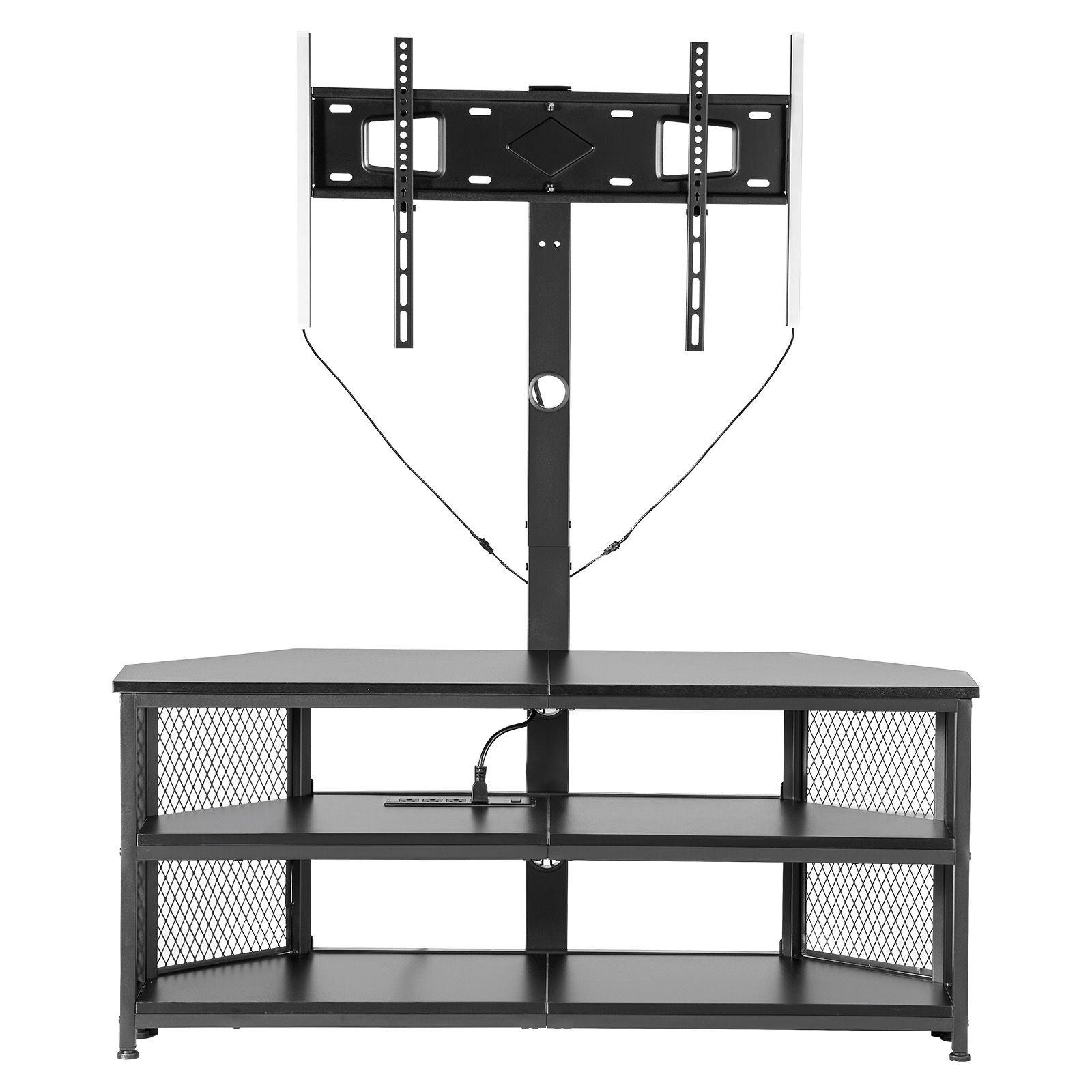 tv stand with mount, 45.3 inch, corner tv stand console with power outlet, for 32 75 inch tvs, height adjustable swivel entertainment center with storage & led lights, for living room, black