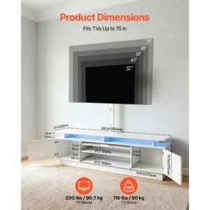 tv stand with mount, 59.1 inch, swivel tv stand console with power outlet, for 32 75 inch tvs, height adjustable modern entertainment center with storage & led lights, for living room, white