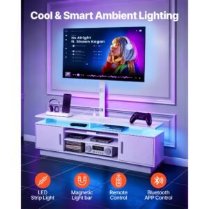 tv stand with mount, 59.1 inch, swivel tv stand console with power outlet, for 32 75 inch tvs, height adjustable modern entertainment center with storage & led lights, for living room, white