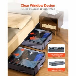 under bed storage with clear lids, 39.2 x 19.7 x 7.1 inch, 90l large underbed clothes storage containers, low profile under bed drawer shoe organizer bins box for blanket shoe bedroom, 4 pack