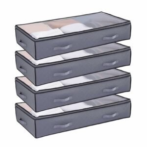 Under Bed Storage with Clear Lids, 39.2 x 19.7 x 7.1 Inch, 90L Large Underbed Clothes Storage Containers, Low Profile Under Bed Drawer Shoe Organizer Bins Box for Blanket Shoe Bedroom, 4 Pack