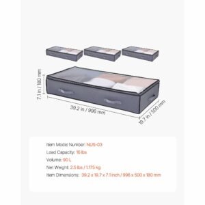 under bed storage with clear lids, 39.2 x 19.7 x 7.1 inch, 90l large underbed clothes storage containers, low profile under bed drawer shoe organizer bins box for blanket shoe bedroom, 4 pack