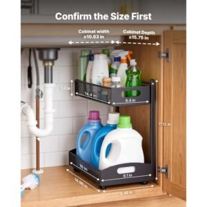 under sink organizer, 2 pack 2 tier pull out cabinet organizer with 4 level height adjustment, metal slide out shelf, multi purpose cabinet organizers and storage for bathroom & kitchen, black