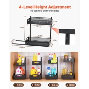 under sink organizer, 2 pack 2 tier pull out cabinet organizer with 4 level height adjustment, metal slide out shelf, multi purpose cabinet organizers and storage for bathroom & kitchen, black