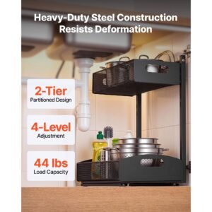 under sink organizer, 2 pack 2 tier pull out cabinet organizer with 4 level height adjustment, metal slide out shelf, multi purpose cabinet organizers and storage for bathroom & kitchen, black