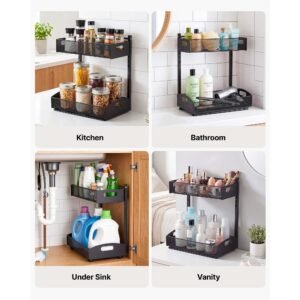 under sink organizer, 2 pack 2 tier pull out cabinet organizer with 4 level height adjustment, metal slide out shelf, multi purpose cabinet organizers and storage for bathroom & kitchen, black