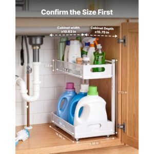 under sink organizer, 2 pack 2 tier pull out cabinet organizer with 4 level height adjustment, metal slide out shelf, multi purpose cabinet organizers and storage for bathroom & kitchen, white