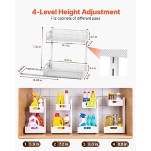 under sink organizer, 2 pack 2 tier pull out cabinet organizer with 4 level height adjustment, metal slide out shelf, multi purpose cabinet organizers and storage for bathroom & kitchen, white