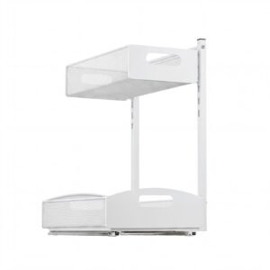 Under Sink Organizer, 2 Pack 2-Tier Pull Out Cabinet Organizer with 4-Level Height Adjustment, Metal Slide Out Shelf, Multi-Purpose Cabinet Organizers and Storage for Bathroom & Kitchen, White