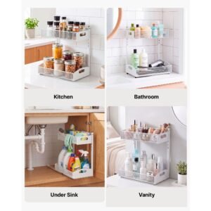 under sink organizer, 2 pack 2 tier pull out cabinet organizer with 4 level height adjustment, metal slide out shelf, multi purpose cabinet organizers and storage for bathroom & kitchen, white
