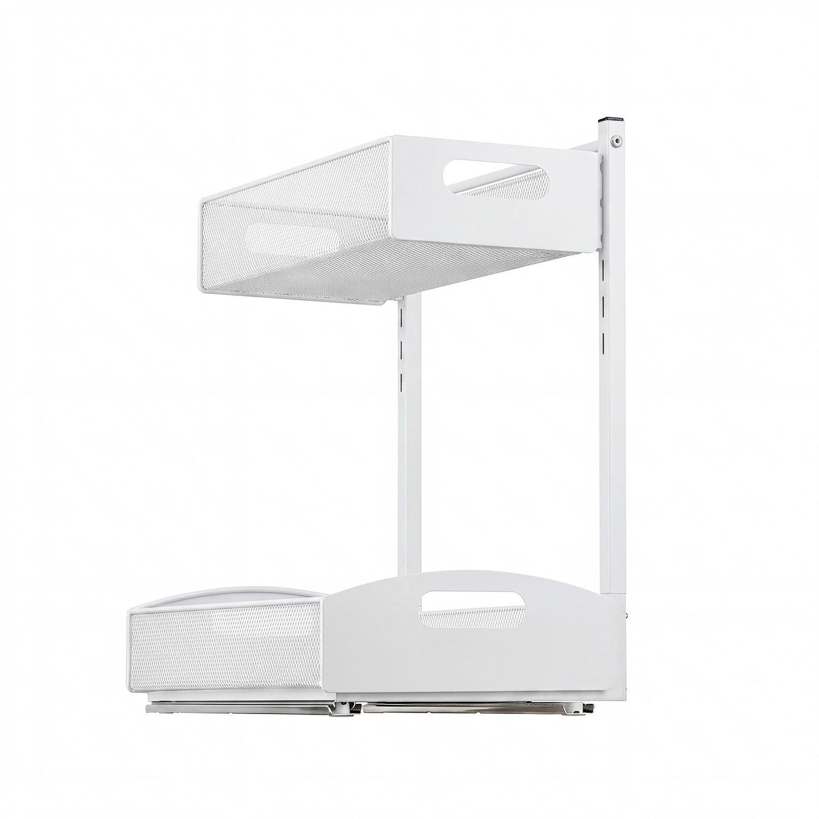 under sink organizer, 2 pack 2 tier pull out cabinet organizer with 4 level height adjustment, metal slide out shelf, multi purpose cabinet organizers and storage for bathroom & kitchen, white