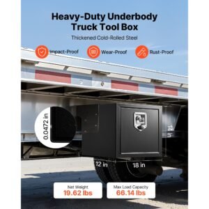 underbody truck tool box, 18 x 12 x 14 inch heavy duty steel trailer storage box with lock & keys, waterproof trailer storage organizer under body chest with t handle for truck, van, suv, black
