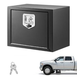 Underbody Truck Tool Box, 18 x 12 x 14 Inch Heavy Duty Steel Trailer Storage Box with Lock & Keys, Waterproof Trailer Storage Organizer Under Body Chest with T-Handle for Truck, Van, SUV, Black