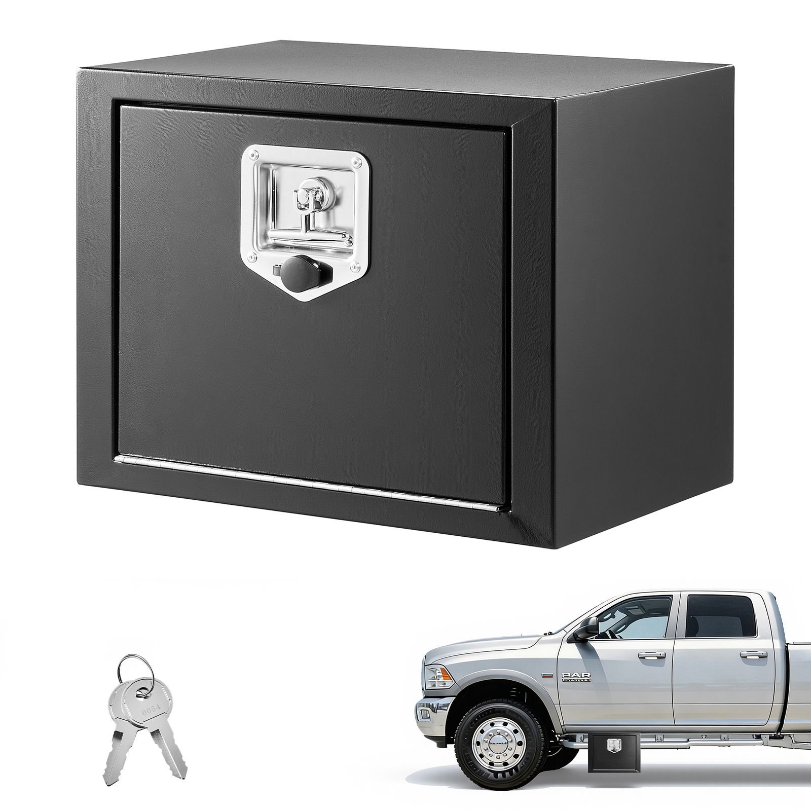 underbody truck tool box, 18 x 12 x 14 inch heavy duty steel trailer storage box with lock & keys, waterproof trailer storage organizer under body chest with t handle for truck, van, suv, black