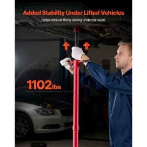 underhoist support stand, 1/2 ton (1102 lbs) capacity under hoist jack stand, lifting from 54.02" to 83.86", bearing mounted spin handle, self locking threaded screw, support vehicle components